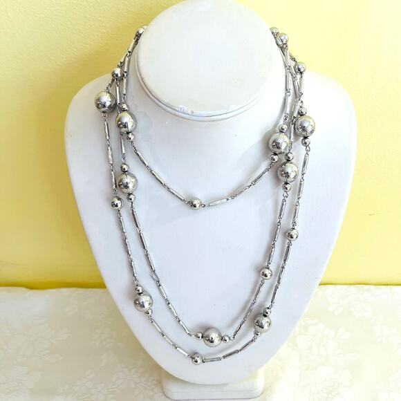 Vintage Silver Tone Bead Ball Link Long / Layered Chain Necklace, Sphere Fashion - Picture 2 of 12